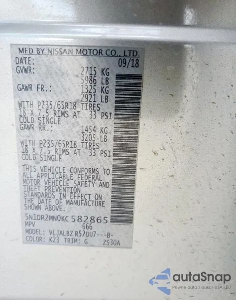 2019 Nissan Pathfinder S z USA, uszkodzony, nr VIN 5N1DR2MN0KC582865